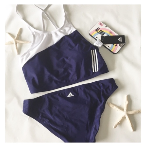 adidas Other - Sz L ADIDAS Navy Blue White Strappy Bikini Set NWT